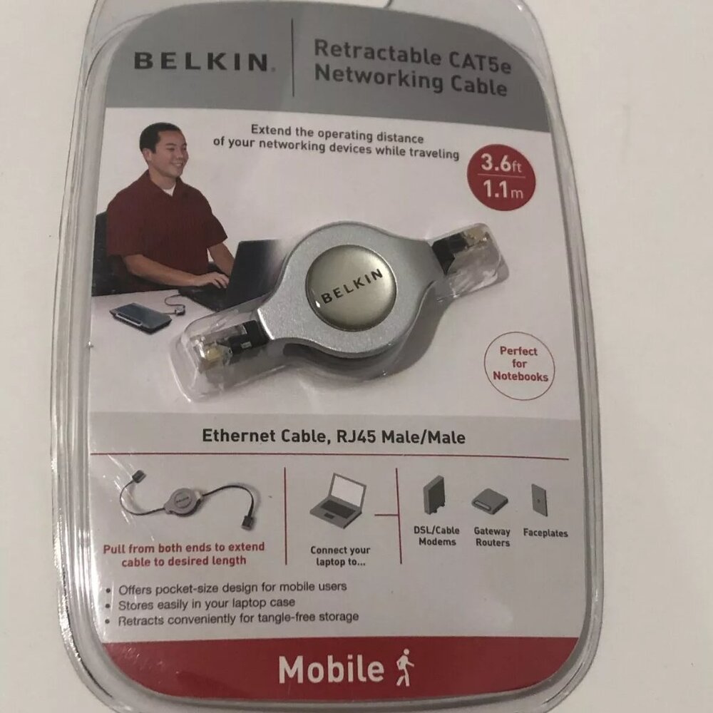 Belkin Retractable CAT5e Networking Cable, RJ45 Male/Male, NEW